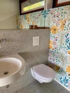 a bathroom with a white toilet and a sink at Ferienloft Talblick Detmold Berlebeck in Detmold