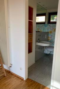 a bathroom with a sink and a toilet at Ferienloft Talblick Detmold Berlebeck in Detmold +3 photos