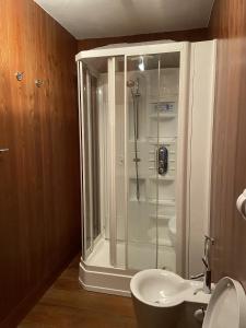 Un baño con ducha, inodoro y lavabo. en Casa Da l Oio, en Cortina dʼAmpezzo