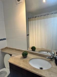 W łazience znajduje się umywalka, toaleta i lustro. w obiekcie Departamento Buena vista w mieście Talca