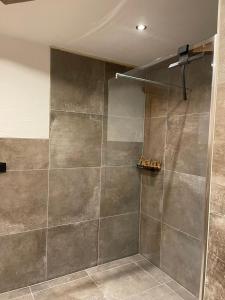 a shower with a glass door in a bathroom at Haus Almweg in Kirchberg in Tirol