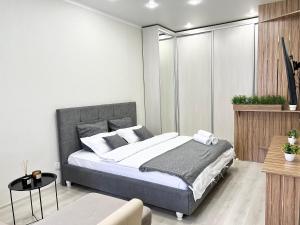 ein Schlafzimmer mit einem großen Bett in einem Zimmer in der Unterkunft Апартаменты в новом ЖК in Pawlodar