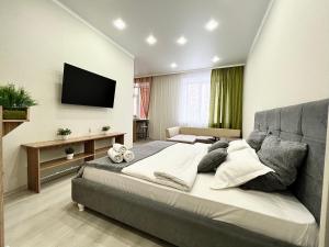a bedroom with a large bed and a flat screen tv at Апартаменты в новом ЖК in Pavlodar
