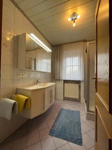 a bathroom with a sink and a mirror at Ferienwohnungen und Ferienhaus Kronner in Zachenberg
