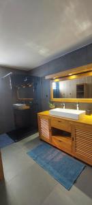 une salle de bain avec un lavabo et deux vasques dans l'établissement La villa Tortue, meublé de tourisme 4 étoiles, à Le Tampon 22 autres photos