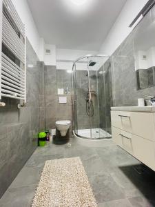 y baño con ducha, aseo y alfombra. en Luxury Apartment with Sunset View Palas, en Iaşi