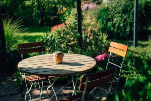 a wooden table with chairs and a potted plant on it at Hotel Krone in Beffendorf