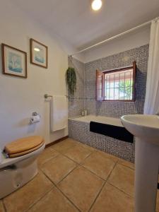 a bathroom with a toilet and a tub and a sink at Casa Caballo a private cottage in Lubrin in Lubrín