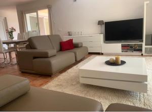 een woonkamer met een bank en een flatscreen-tv bij villa Altea con piscina privada in Bernia