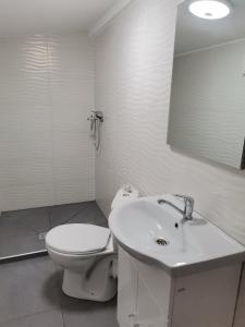 a white bathroom with a toilet and a sink at Fontana Erdélyi Vendégház 2 in Satu Mare