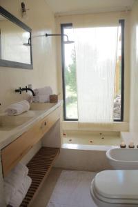baño con lavabo y aseo y ventana en Cabaña El Rey y las golondrinas en Lago Puelo