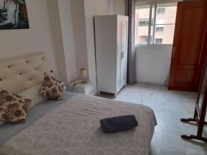 Un dormitorio con una cama con una almohada azul. en Apartmento Sostoa 2, en Málaga