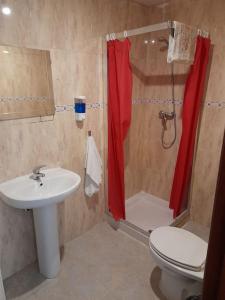 y baño con aseo, lavabo y ducha. en Apartmento Sostoa 2, en Málaga