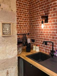 a kitchen with a sink and a brick wall at Bienvenue à l'Appart' de Louis ! in Dole