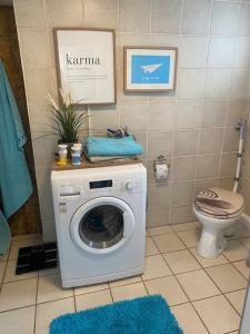 La salle de bains est pourvue d'un lave-linge et de toilettes. dans l'établissement Kinofeeling im Reihenhaus mit schönem Garten, à Schwarzenfeld