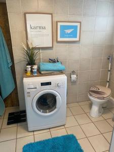 a bathroom with a washing machine and a toilet at Kinofeeling im Reihenhaus mit schönem Garten in Schwarzenfeld +14 photos