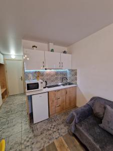 uma pequena cozinha com um lavatório e um micro-ondas em New Gudauri, Apartment 244 em Gudauri