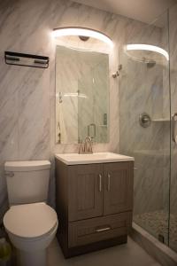 a bathroom with a toilet and a sink and a shower at Pet Friendly Half-Duplex, Cottage with 40' Slip Option at The Boat House Marina in Marathon