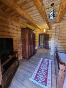 ein Wohnzimmer mit Holzwänden und Holzboden in der Unterkunft Popasul Vanatorului in Poiana Sabasa
