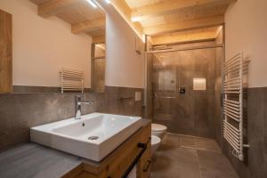 a bathroom with a sink and a shower and a toilet at Bio Lüch Ruances in San Cassiano