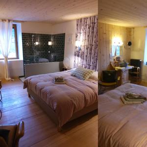 twee foto's van een slaapkamer met een bed en een woonkamer bij La Combe fleurie in Villers-le-Lac