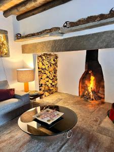 a living room with a fireplace and a couch at Slowly-Com Vagar in Mourão