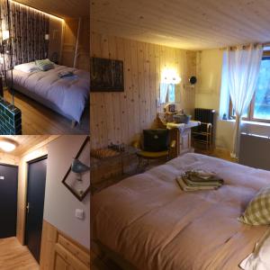 ヴィレ・ル・ラックにあるLa Combe fleurieのベッドルーム1室(ベッド1台付)とリビングルームの写真2枚