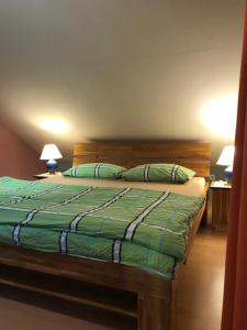 a bedroom with a bed with a green comforter and two lamps at Ferienwohnung Maxima in Weiskirchen