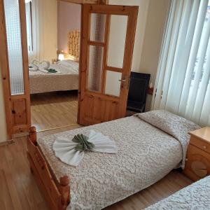 a bedroom with two beds and a mirror at Guest House Planinski Zdravets in Bansko