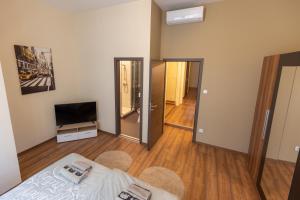 a living room with a bed and a television at Wiky's Apartman with 3bathrooms in Budapest