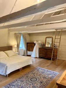 a bedroom with a bed and a mirror and a ladder at Domaine d'Armagnac in Bessuéjouls