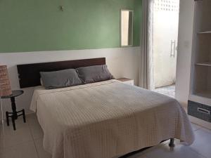 a bedroom with a bed and a green wall at Navegantes Flats in Natal