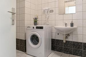 ein Badezimmer mit einer Waschmaschine und einem Waschbecken in der Unterkunft Spacious 3BR Apt -Near Wiener Stadthalle BurggasseWiener Well Located in Wien