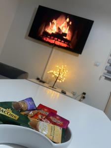 a living room with a fire in the wall at Apartman Nova Pale in Pale +5 photos