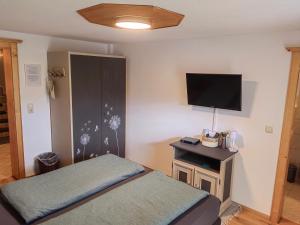 a bedroom with a bed and a flat screen tv at Bergbauernhof Obergaisberg in Kirchberg in Tirol