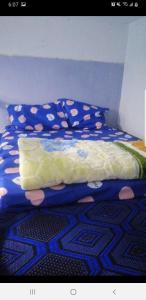 a bed with a blue and white comforter and pillows at El barandilla in Sidi Ifni