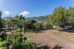 a dirt road in front of a house with trees at Likya Yanartaş Bungalow in Kemer