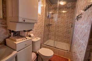 a small bathroom with a toilet and a shower at Domek u Janiny in Czaplinek