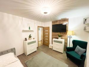 sypialnia z łóżkiem, telewizorem i kanapą w obiekcie Apartman Anita w mieście Dunajská Streda