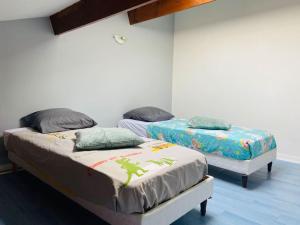 dos camas sentadas una al lado de la otra en una habitación en Les Bleuets Futuroscope maison 4 personnes, en Chasseneuil-du-Poitou