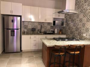a kitchen with a stainless steel refrigerator and a counter at Doña Jose in San Miguel de Allende
