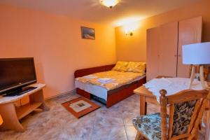 a small room with a bed and a television at Domek u Janiny in Czaplinek