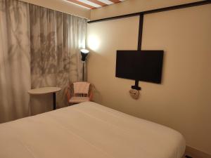 een slaapkamer met een bed en een tv aan de muur bij ibis Styles Montauban in Montauban