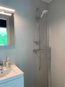 a shower in a bathroom with a sink at Voss/Bolstad: Peaceful countryside cabin/lodge in Bolstadøyri