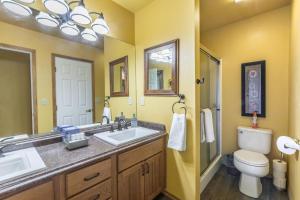 une salle de bain avec un lavabo, des toilettes et un miroir dans l'établissement 410 Mother Lode Lane, à Ouray