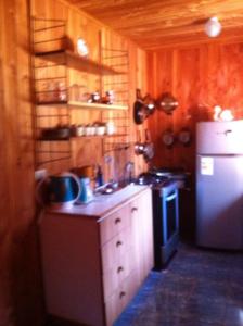 a small kitchen with a refrigerator and a stove at Cabaña Arriendo Llifen in Futrono