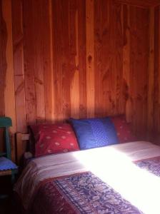 a bedroom with a bed with wood paneled walls at Cabaña Arriendo Llifen in Futrono