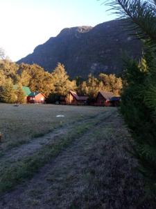 a field with houses and a mountain in the background at Cabaña Arriendo Llifen in Futrono