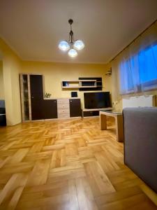 salon z drewnianą podłogą i telewizorem w obiekcie Dorothy w Krakowie