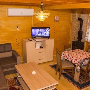 TAMARA - Brvnara za odmor في Han Pijesak: غرفة معيشة مع أريكة وتلفزيون وطاولة